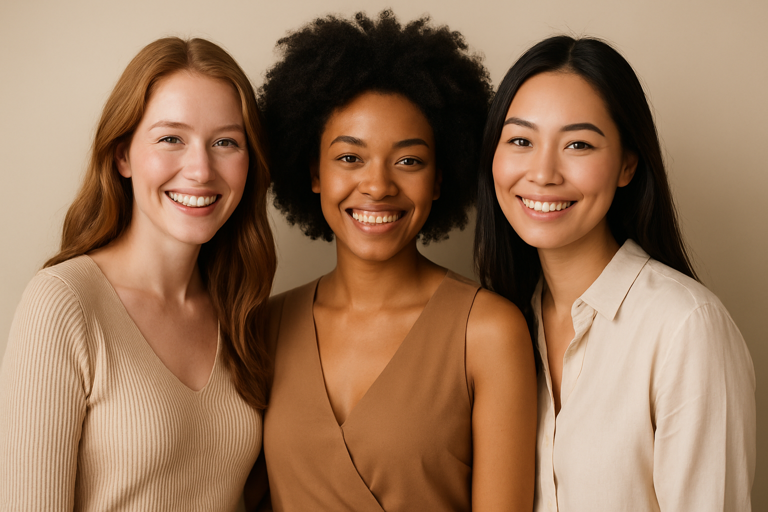 tres mujeres bellas juntas sonriendo y mirando hacia la cámara
